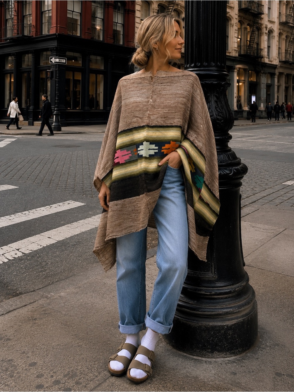 Vintage lightweight, earthy-toned bohemian poncho one size